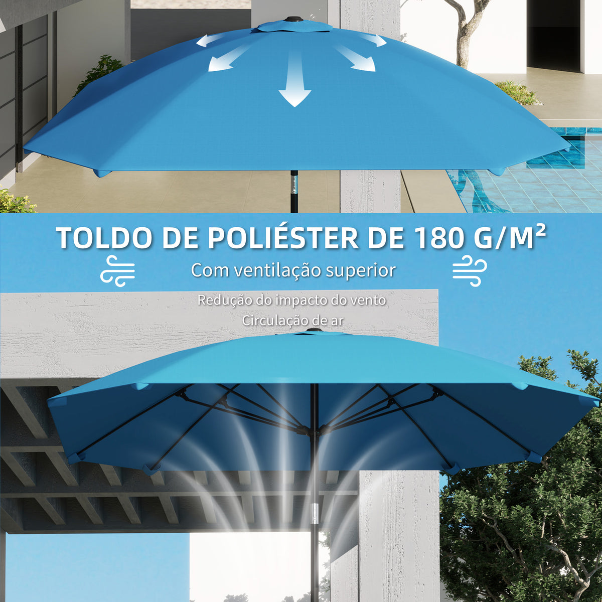 Chapéu de Sol de Exterior 233x233 cm Chapéu de Sol de Jardim com Ângulo Ajustável Impermeável Mastro de Alumínio Varas de Fibra de Vidro e Manivela Azul — foto 5