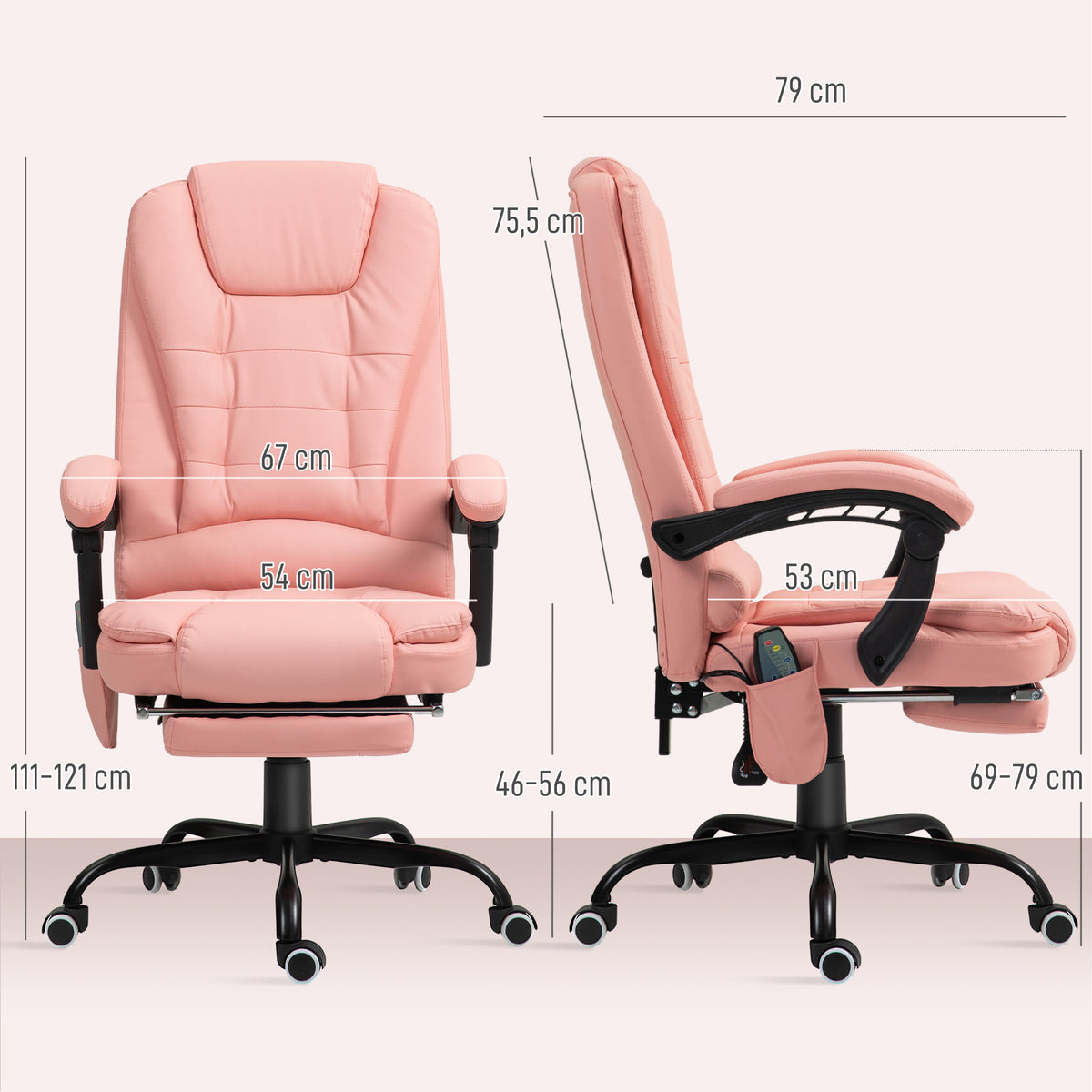 Cadeira de Massagem com 7 Pontos de Massagem Cadeira de Escritório Reclinável com Altura Ajustável Apoio para os Pés e Controlo Remoto 67x67x111-121 cm Rosa — foto 3