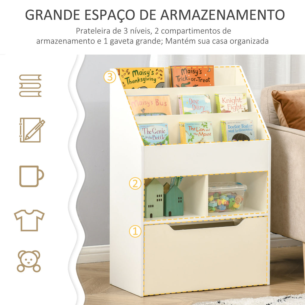 Estante de Madeira para Brinquedos com 3 Compartimentos 2 Cubos e Gaveta Móvel com 4 Rodas Estante para Livros Infantil para Dormitório Infantil Sala de Jogos 60x29,9x90cm Branco — foto 4
