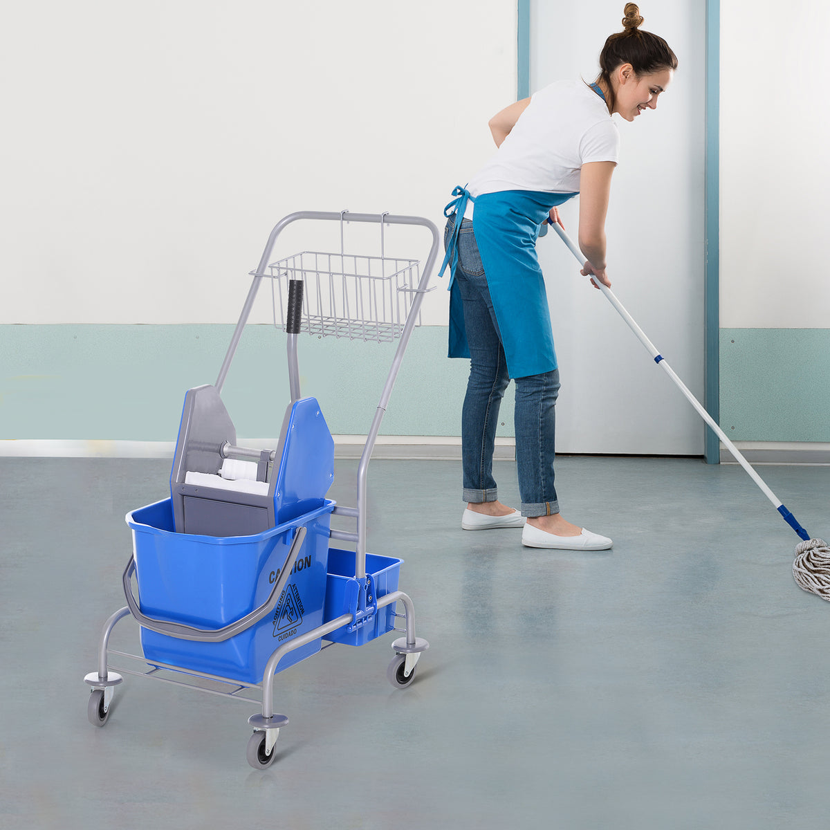 Carro de Limpeza Profissional Balde de Esfregona com Rodas Balde Removível de 25 Litros Espremedor de Pressão Cesto e Cubeta 72x49,5x95 cm Azul — foto 2