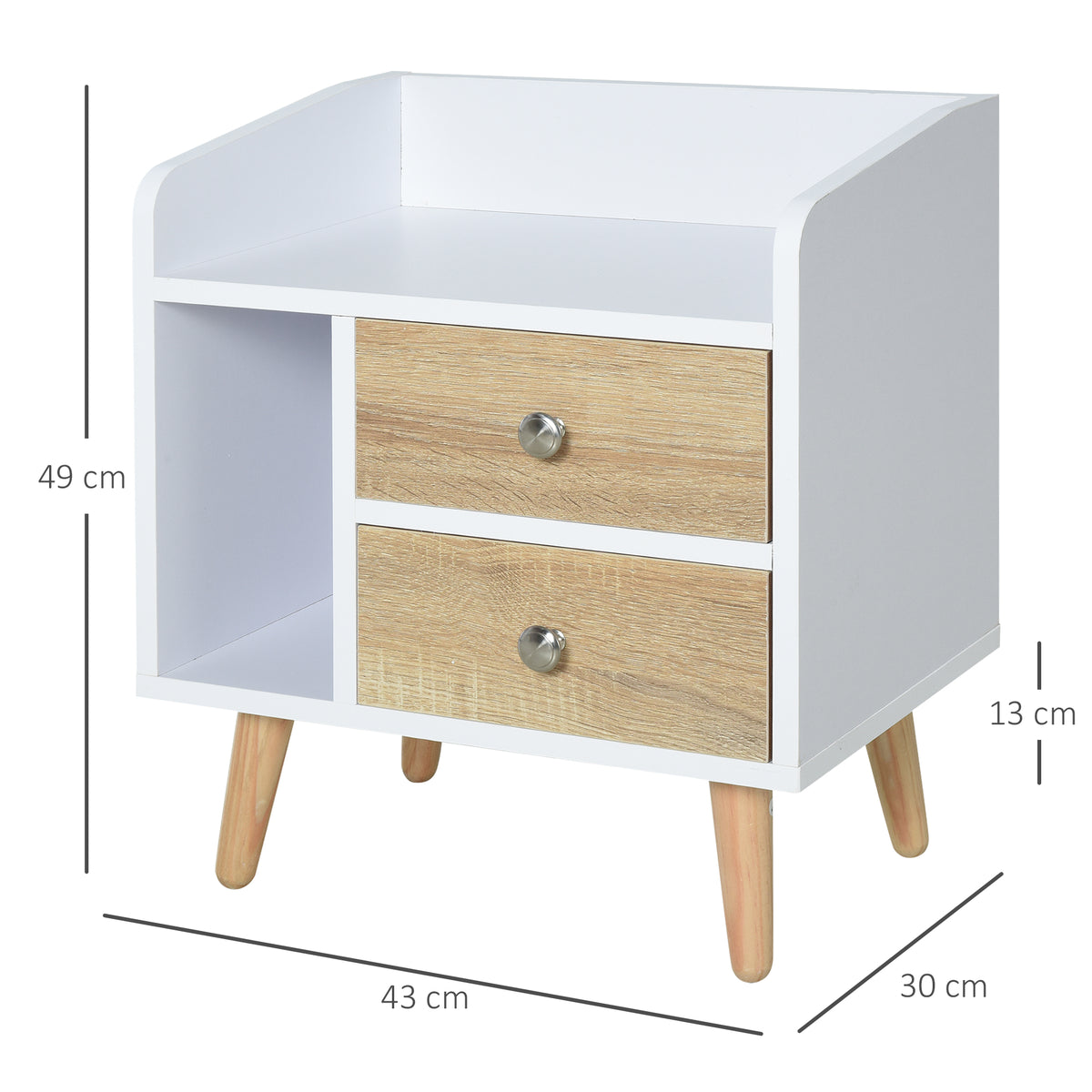 Mesa de Cabeceira Mesa de Cabeceira com 2 Gavetas Grandes 1 Prateleira Aberta e Pés Elevados Estilo Nórdico para Sala de Estar Dormitório 43x30x49 cm Branco e Madeira — foto 3