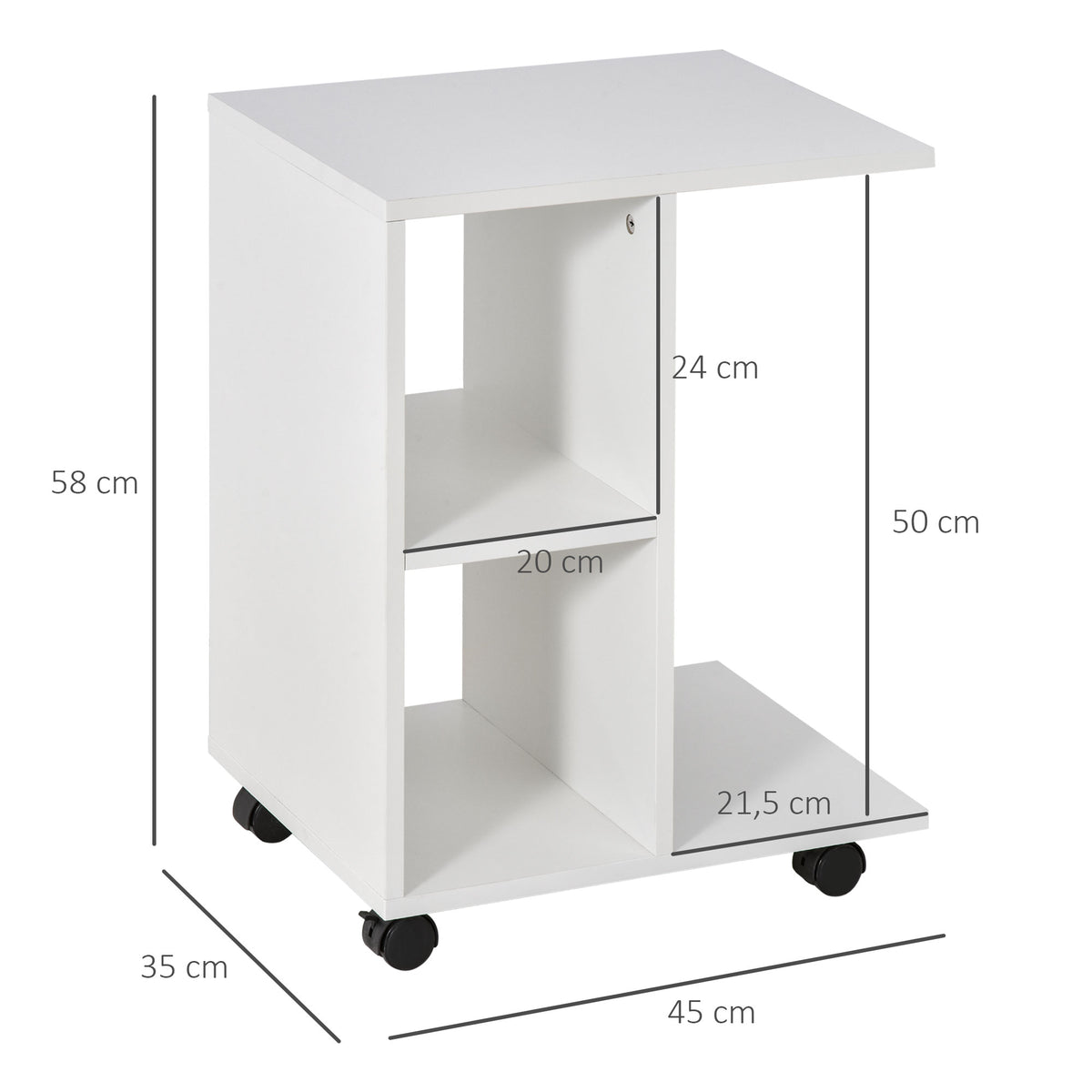 Mesa Auxiliar Moderna Mesa Auxiliar em Forma de C com Rodas e Prateleiras Abertas para Sala de Estar Dormitório 45x35x58 cm Branco — foto 3