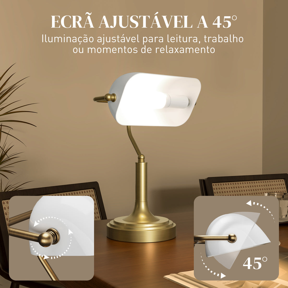 Candeeiro de Mesa Banqueiro Candeeiro de Mesa Vintage E27 com Ecrã Orientável a 45° Interruptor Basculante para Casa Escritório Biblioteca 26,8x22x39,5 cm Branco — foto 5