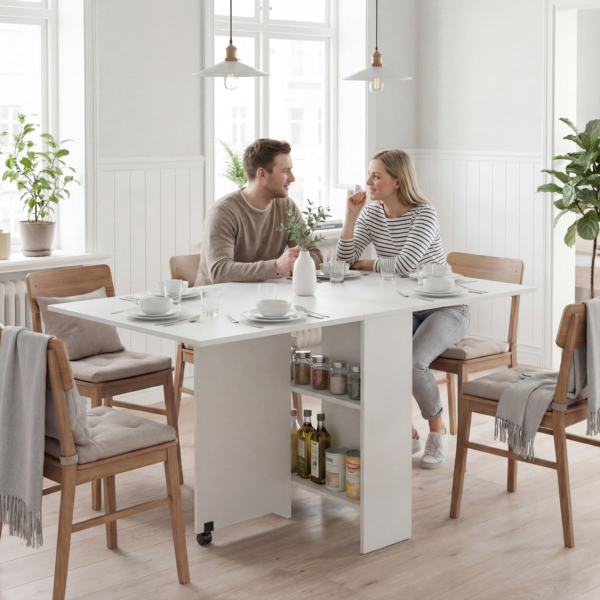 Mesa de Sala de Jantar Dobrável Mesa de Madeira com 2 Prateleiras de Armazenamento e Rodas para Cozinha 75x140x74 cm Branco — foto 2