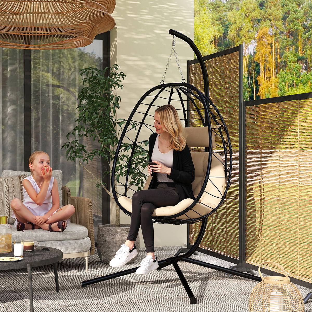 Cadeira Suspensa com Suporte Baloiço Jardim com Cesto Dobrável Almofada e Apoio de Cabeça Baloiço Suspenso para Interior e Exterior Carga 120 kg 98x95x198 cm Caqui — foto 2