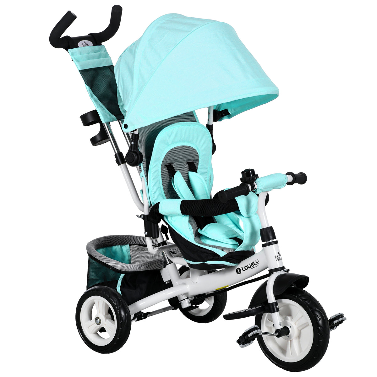 Triciclo para Bebés 2 em 1 Triciclo Evolutivo para Crianças de +12 Meses com Capota Dobrável Guiador Telescópico e Removível Bolsa e Porta-Garrafas Verde Água — foto 1