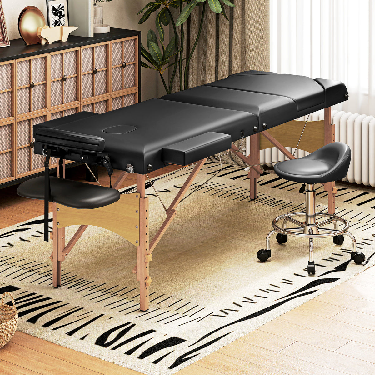 Marquesa de Massagem Dobrável Portátil Marquesa Estética Profissional em Madeira de 3 Zonas com Altura Ajustável Apoio de Cabeça Apoios de Braço Acolchoados 215x60x64-89 cm Preto — foto 2