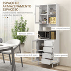 Armário de Cozinha com 2 Armários com Portas de Vidro Temperado 2 Compartimentos Abertos 4 Gavetas e Prateleiras Ajustáveis 60x35x180 cm Branco — foto 4