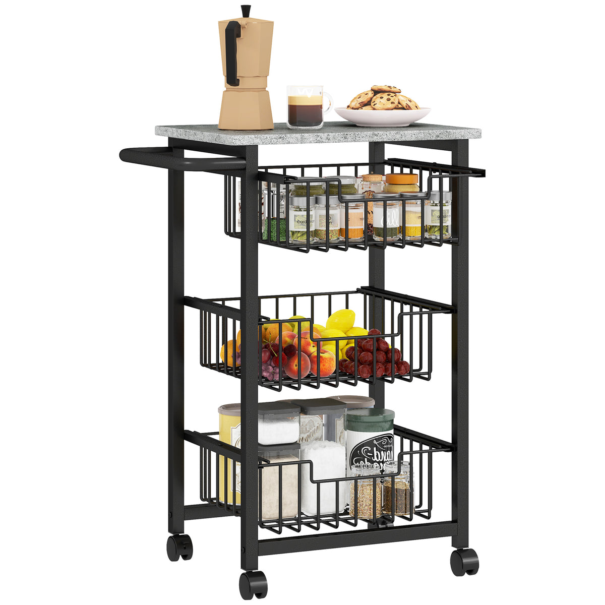 Fruteira para Cozinha Carrinho de Cozinha com 3 Cestas e Estrutura de Aço Carrinho Auxiliar com Rodas para Sala de Jantar 49,5x31x69 cm Cinza Claro — foto 1