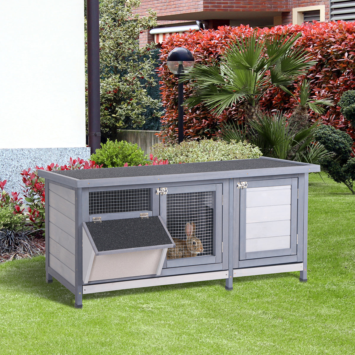 Coelheira de Madeira Gaiola para Coelhos com Telhado Asfáltico Rebatível Portas com Fecho Bandejas Removíveis e Comedouro Coelheira para Exterior 112x50x54 cm Cinzento — foto 2