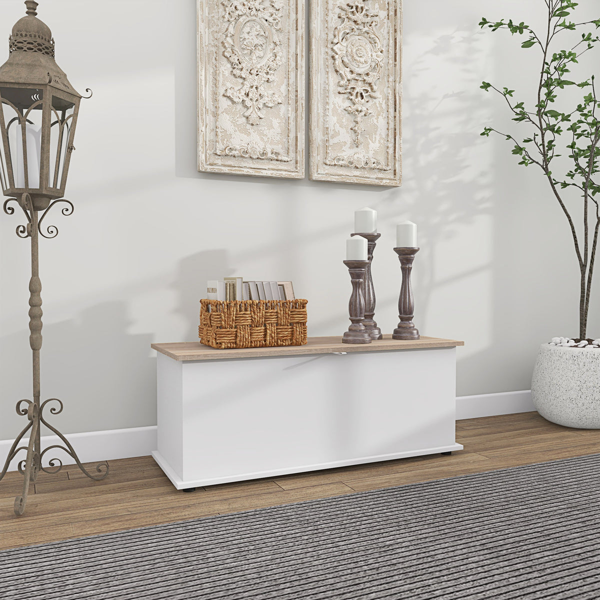 Baú de Armazenamento de Madeira Banco de Armazenamento para Dormitório Sala de Estar 100x40x40 cm Branco e Madeira — foto 2