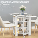 Mesa Dobrável com Asas Dobráveis Mesa de Cozinha com 2 Rodas e Prateleiras Estilo Moderno 120x60x75 cm Branco — foto 4