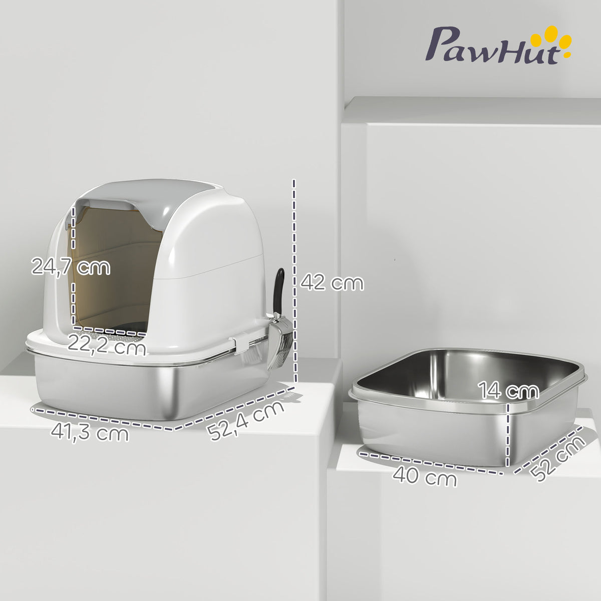 Caixa de Areia para Gatos em Aço Inoxidável XL Caixa de Areia para Gatos Grandes com Tampa Abatível Laterais Alta Entrada Superior Pá sem Odores Fácil de Limpar Antifugas 52,4x41,3x42 cm Branco — foto 3