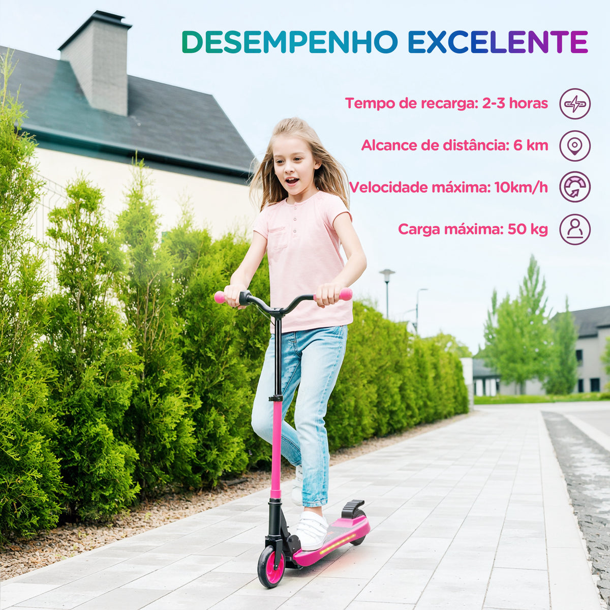 Trotinete Elétrica Dobrável para Crianças acima de 6 Anos Motor 120 W Autonomia 6 km e Máximo 10 km/h com Travão Altura Ajustável Luzes LED e Estrutura de Alumínio 74x52x83-87 cm Rosa — foto 5