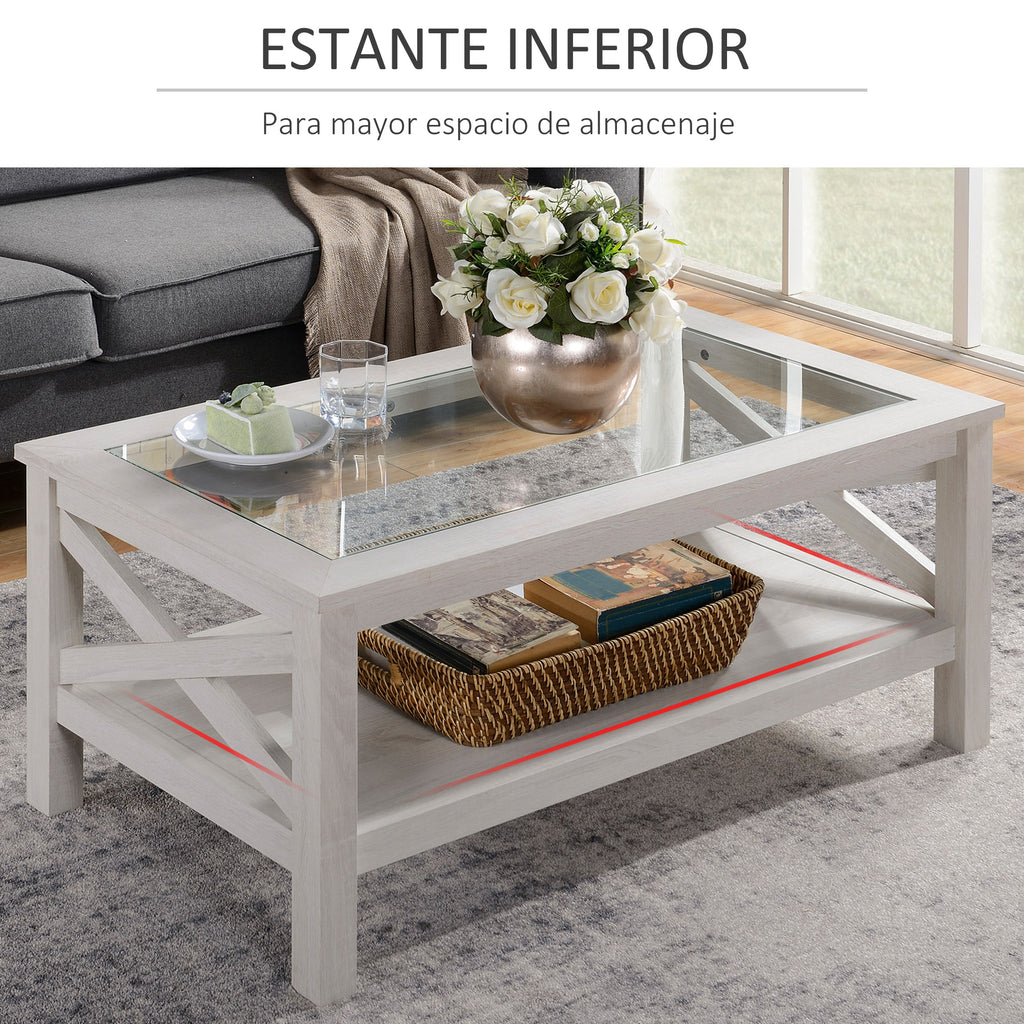 Mesa de Centro Mesa Auxiliar com Prateleira Bancada de Vidro Temperado para Sala de Estar 100x55x45cm Carvalho Branco — foto 6