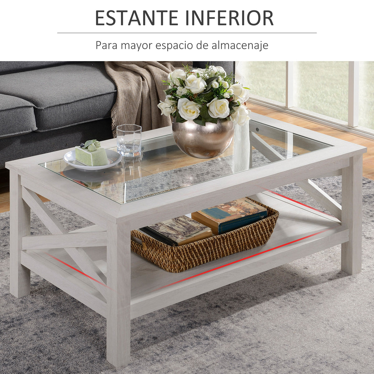 Mesa de Centro Mesa Auxiliar com Prateleira Bancada de Vidro Temperado para Sala de Estar 100x55x45cm Carvalho Branco — foto 6