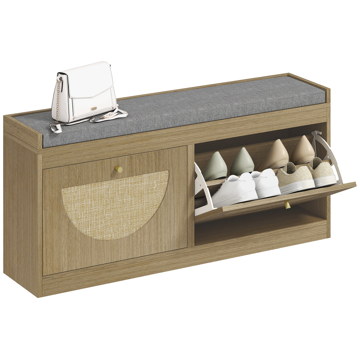 Banco Sapateira Banco de Entrada Boémio com Assento Acolchoado Portas Frentes de Vime Prateleira Ajustável para 8 Pares de Sapatos 105x35x47 cm Madeira — foto 1