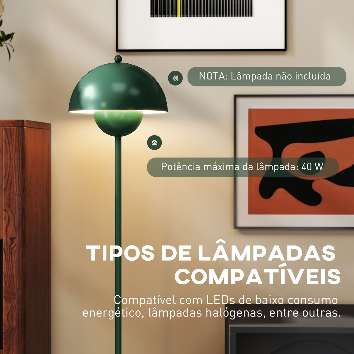 Candeeiro de Pé Moderno 155 cm Candeeiro de Pé para Sala com Ecrã em Forma de Taça Refletora de Luz Interruptor de Pé Suporte E27 sem Lâmpada para Quarto Escritório Sala de Estar Ø35x155 cm Verde — foto 7