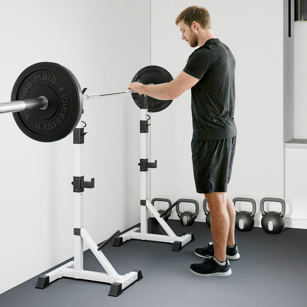 Suporte para Barras de Pesos Ajustável Estante Multifuncional 2 Peças de Aço Treinamento em Casa Peso 200 kg 58,5x75,5x136-176 cm Prata e Preto — foto 8