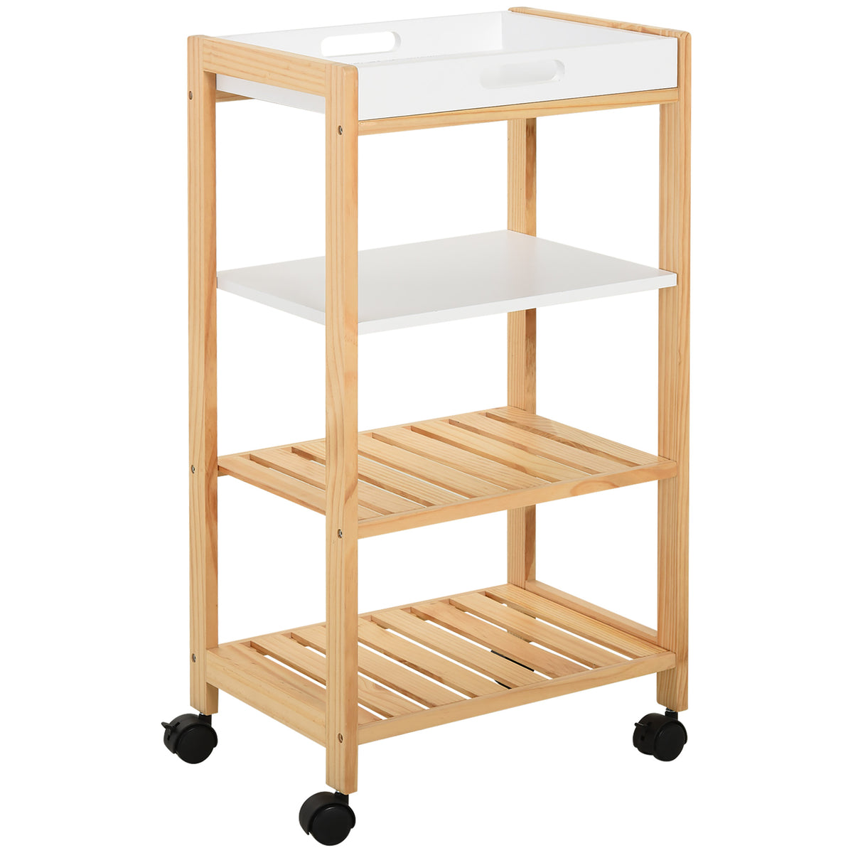 Carrinho de cozinha Carrinho de serviço doméstico de 4 niveis com bandeja removível Prateleira universal de rodas 40x30x76cm Madeira branca — foto 1
