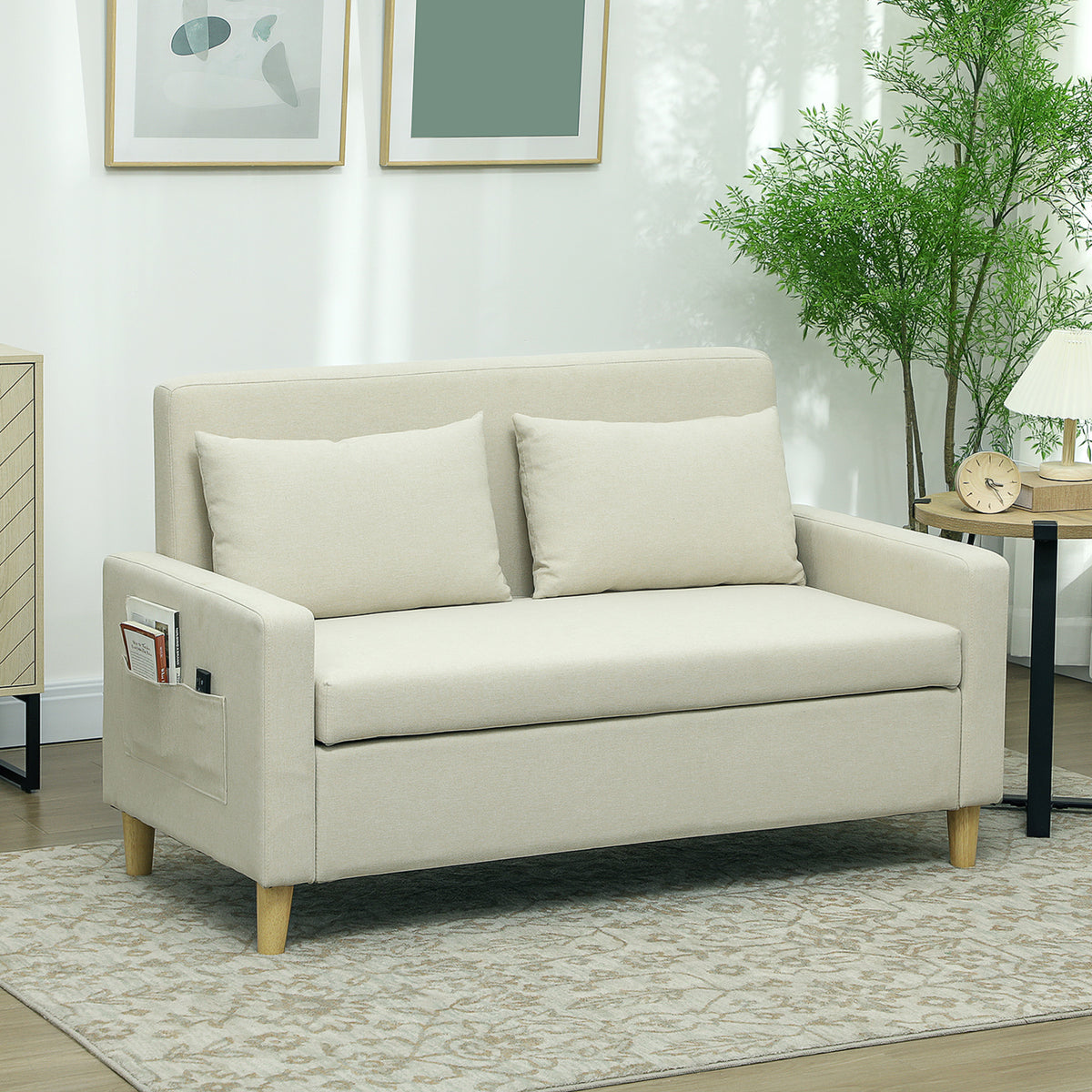 Sofá 2 Lugares Estofado em Linho Sintético Sofá Sala de Estar com 2 Almofadas Espaço de Armazenamento e Pés de Madeira Sofá Pequeno Carga 240 kg 135x72x84 cm Bege — foto 2