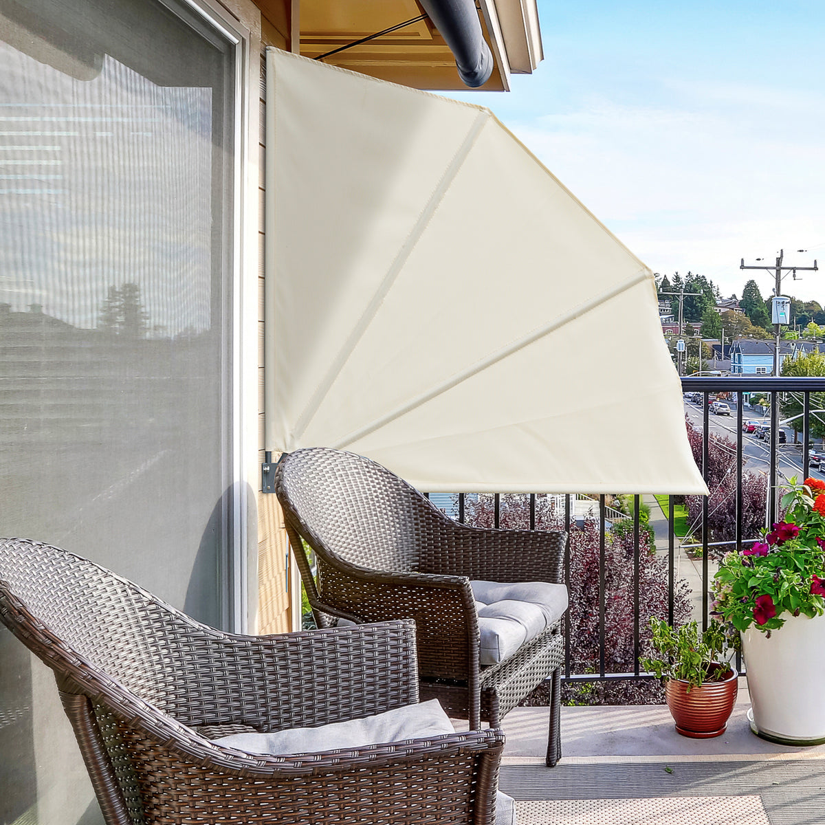 Outsuuny Toldo lateral dobrável para varanda 120x120 cm em formato de leque alumínio com suporte de parede para terraço e pátio Bege — foto 2