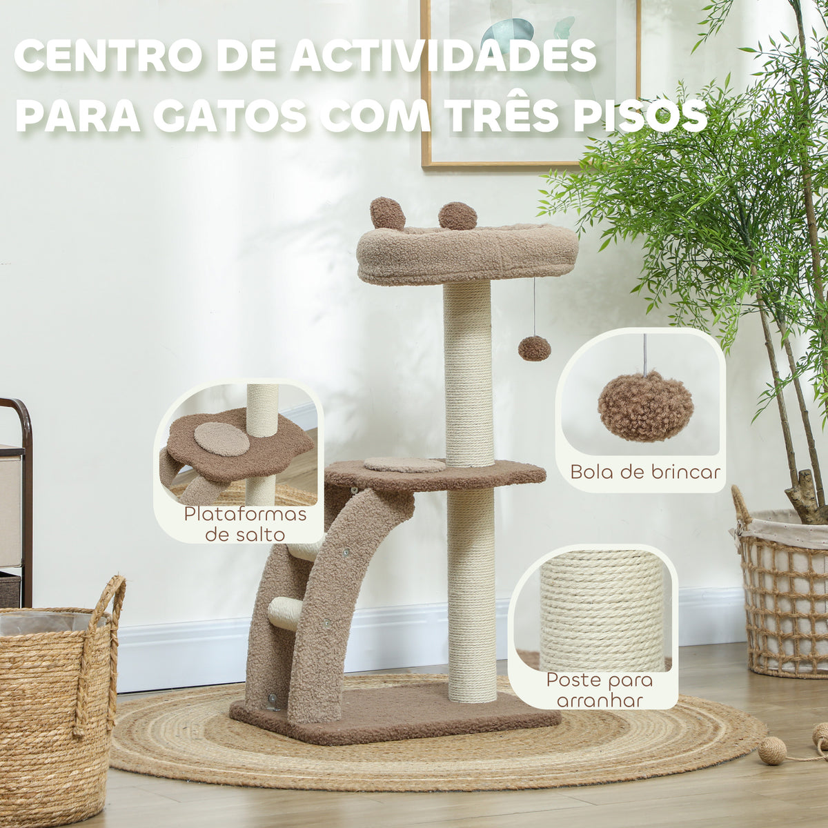 Arranhador para Gatos Altura 88 cm Arranhador para Gatos Torre para Gatos com Cama Plataforma Bolsa Suspensa Escada e Poste de Juta 48x40x88 cm Marrom Claro — foto 4