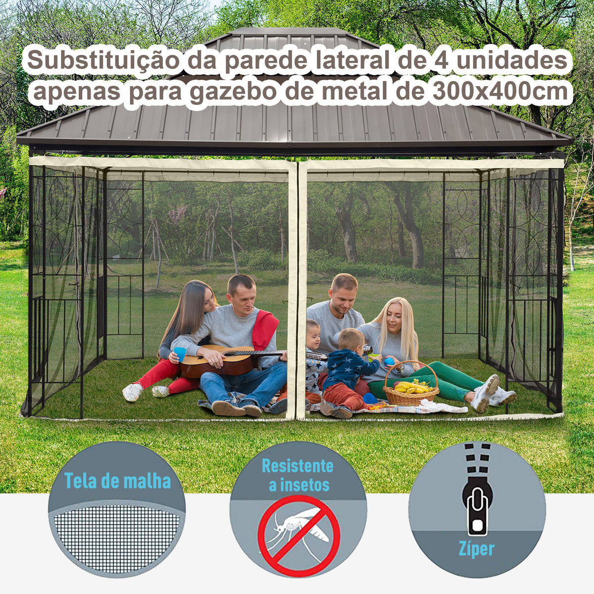 4 Painéis Laterais 352x207 cm para Tenda de Jardim Mosquiteira para Gazebo Gazebo com Zíperes e Anéis Preto — foto 4