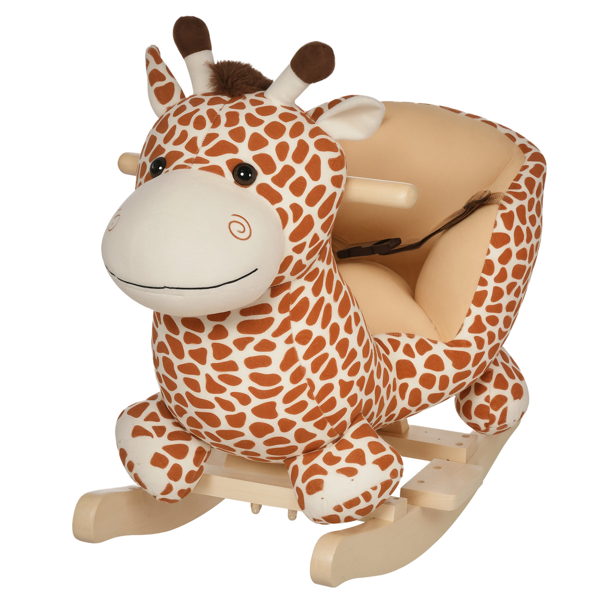 Baloiço para Crianças acima de18 Meses Baloiço de Pelúcia em Madeira com 32 Canções Cinturão de Segurança Girafa de Pelúcia 60x33x45 cm Marrom Claro — foto 1