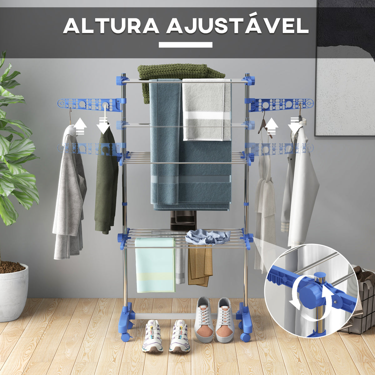 Estendal para Roupa Dobrável 80x55x152cm com 6 Rodas e 3 Prateleiras com Altura Ajustável de Aço Inoxidável Prata e Azul — foto 4