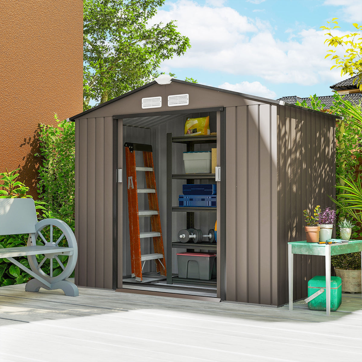Abrigo de Jardim 213x130x185 cm Abrigo de Jardim Metálico de Exterior para Armazenamento de Ferramentas com 2 Portas Deslizantes e 4 Janelas para Terraço Marrom — foto 2