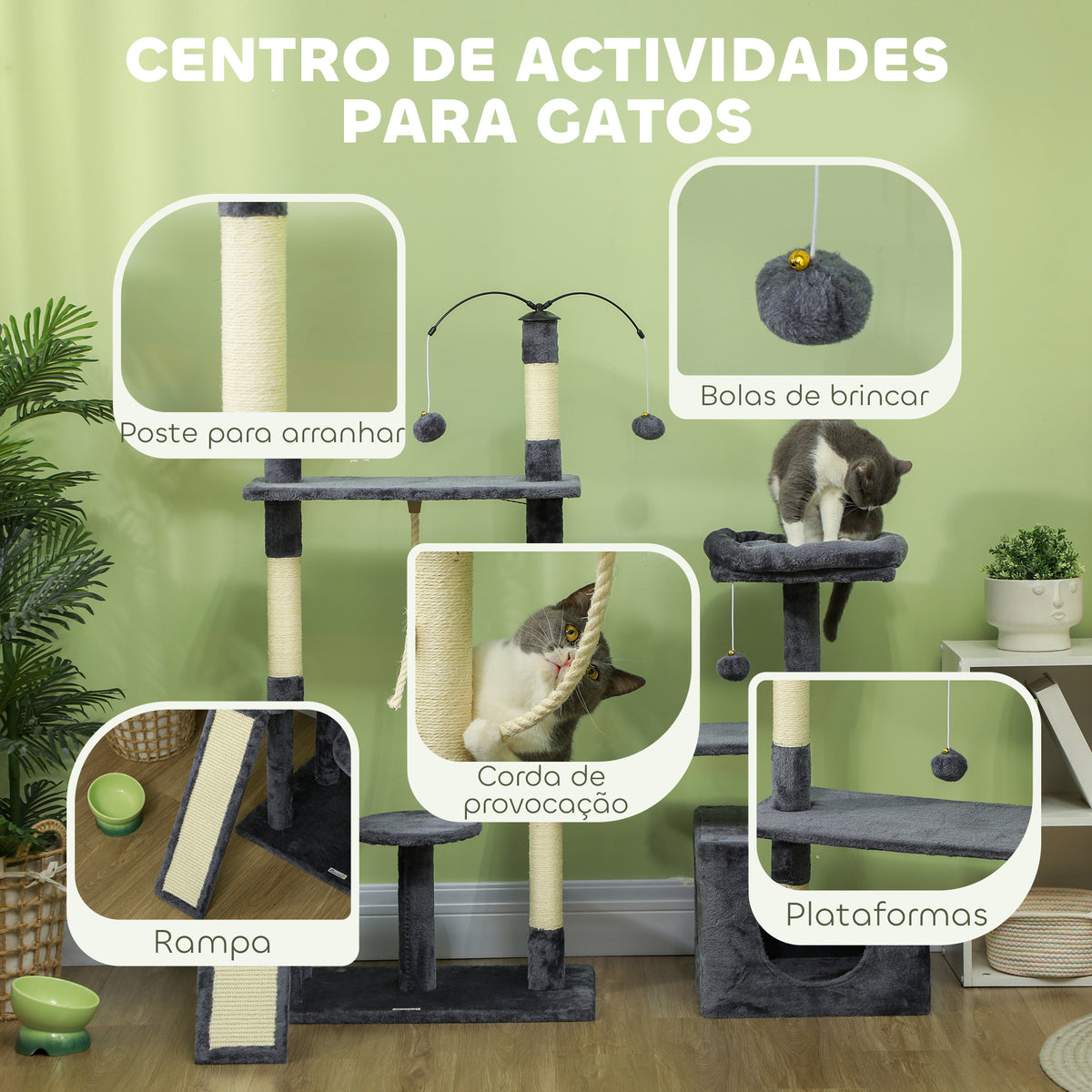 Arranhador para Gatos 134 cm Torre de Arranhar para Gatos com Caverna Plataformas Bolas de Jogar e Postes de Sisal 124,5x40x134 cm Cinza Escuro — foto 4