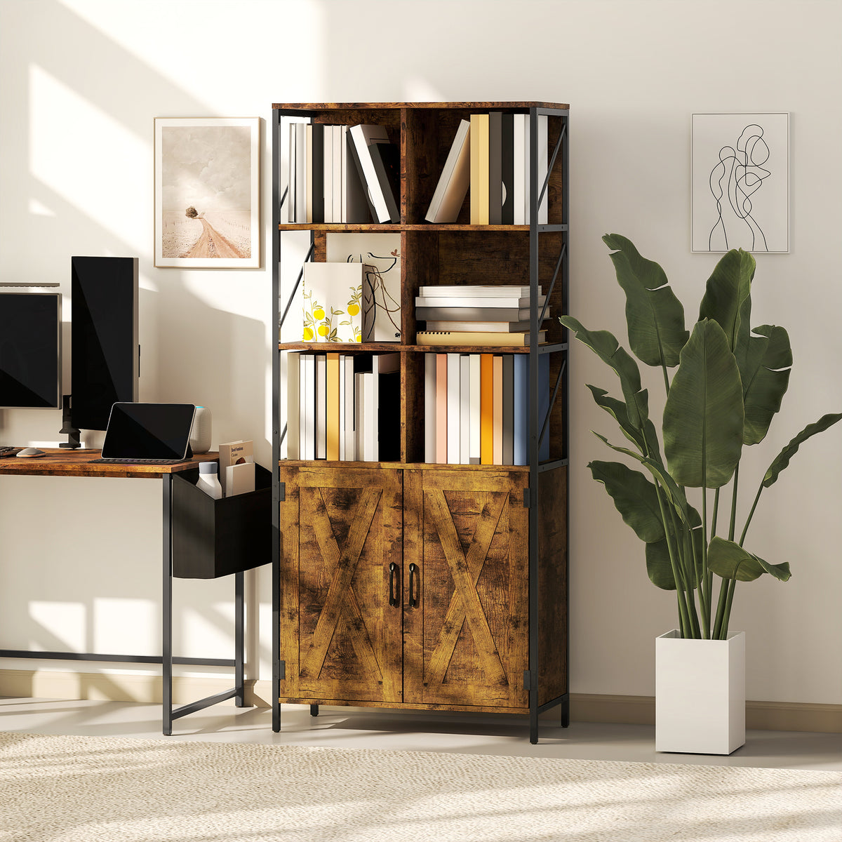 Estante de 6 Níveis Estante de Livros com 6 Compartimentos Abertos 2 Portas e Prateleira Ajustável Estilo Industrial para Sala Escritório Quarto 75x34x172 cm Castanho Rústico — foto 2