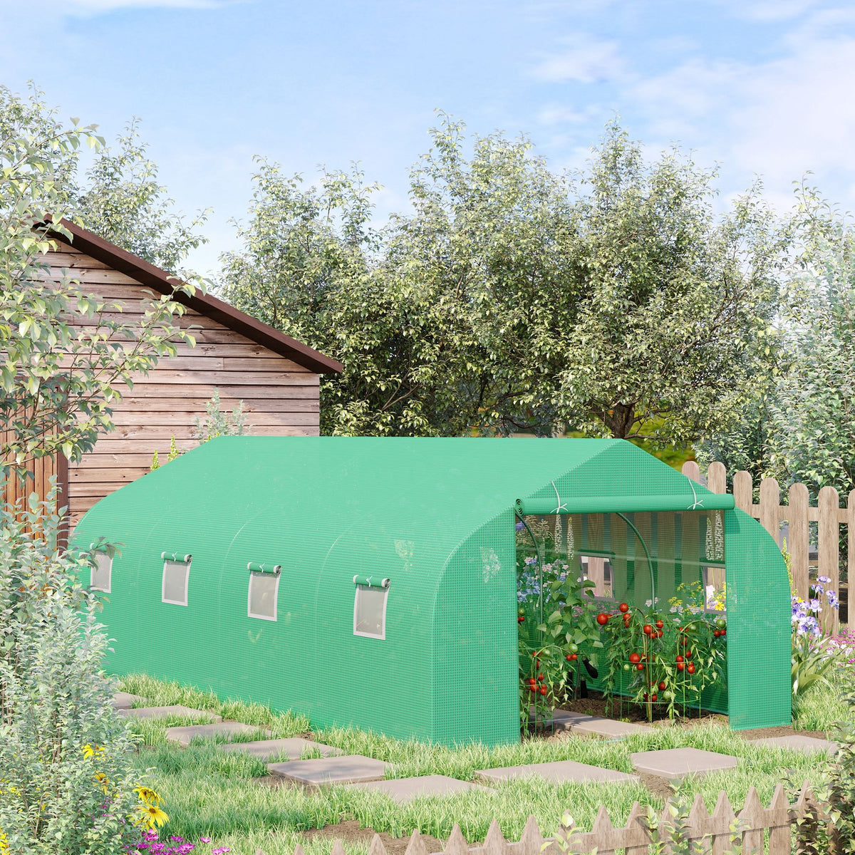 Estufa Tipo Túnel de Jardim 600x300x200cm para Cultivo de Plantas Verduras com 8 Janelas e Porta Enroláveis com Zíper Aço Verde — foto 2