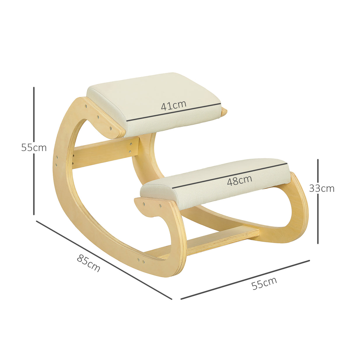 Cadeira Ergonómica de Joelhos com Almofadas Acolchoadas Estrutura de Madeira para Melhor Postura Escritório 55x85x55 cm Creme — foto 3