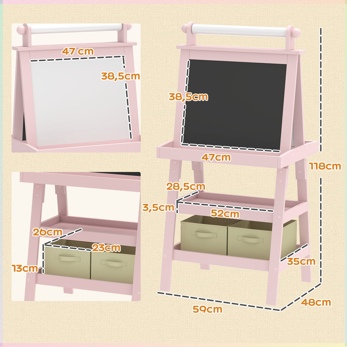 Quadro infantil Cavalete de Pintura Infantil 3 em 1 Quadro Magnético Dupla Face com Rolo de Papel e Cestos de Arrumação Rosa — foto 3