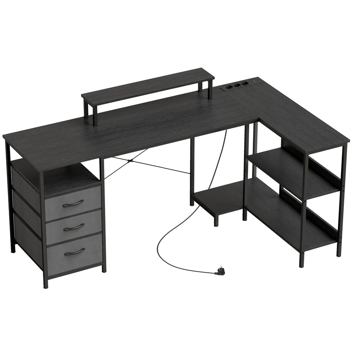Mesa em Forma de L Escrivaninha de Canto Reversível com Gavetas e Prateleiras 170 cm Preto — foto 1