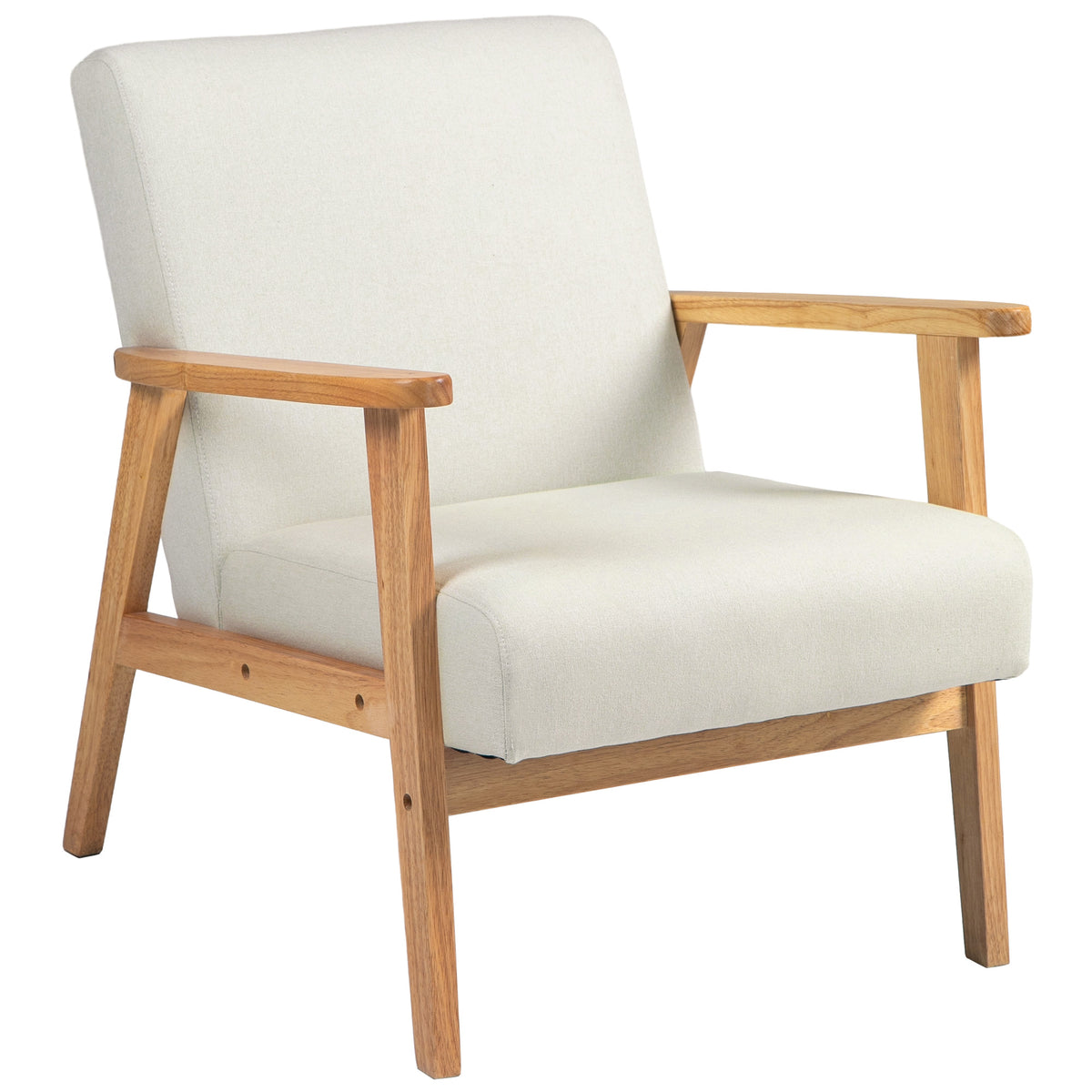 Poltrona de Dormitório Moderna Poltrona de Sala de Estar Estofada em Linho Sintético com Apoio para os Braços e Estrutura de Madeira para Sala de Estar 68,5x78,5x75 cm Creme e Madeira — foto 1