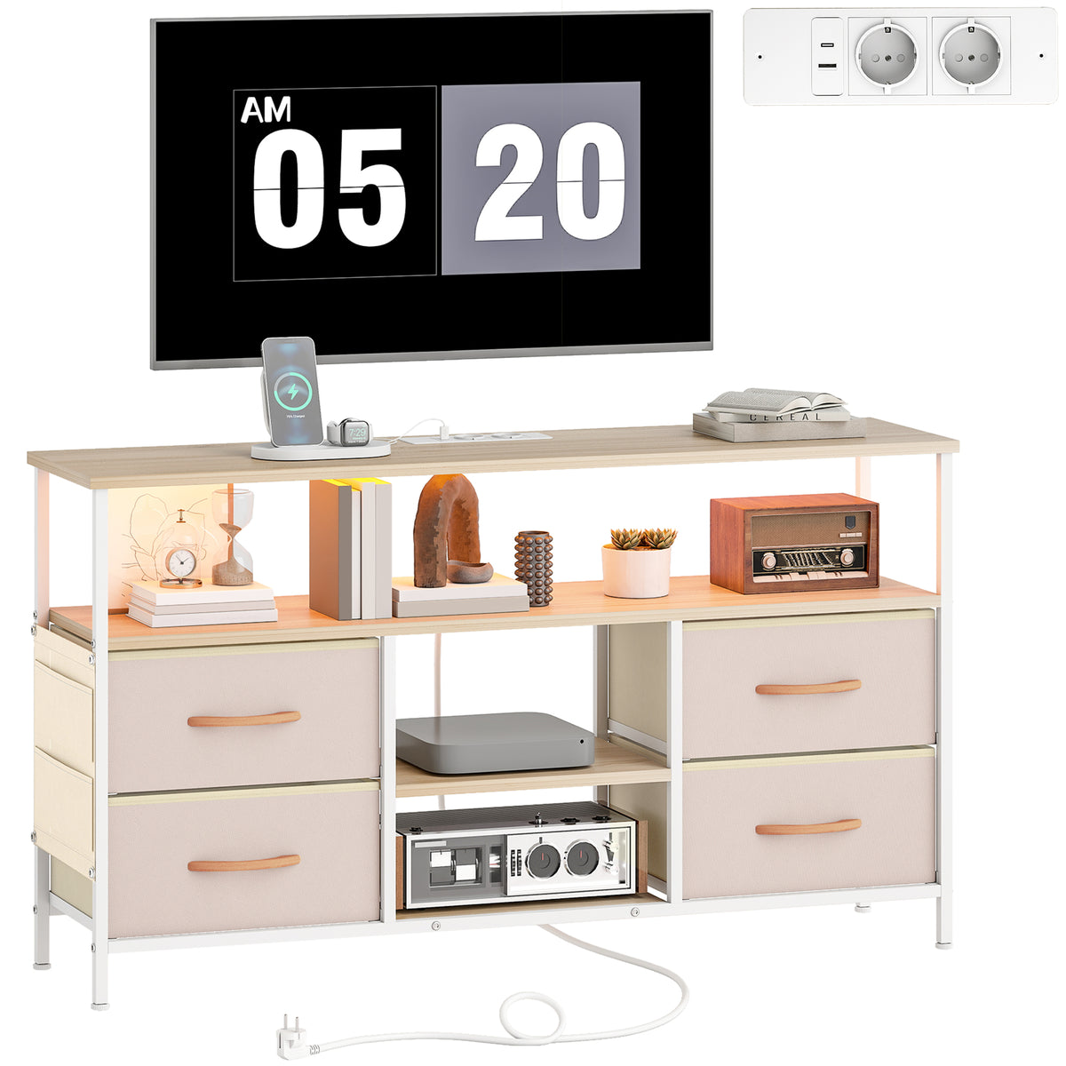Móvel de TV com Luz LED Móvel de TV para Sala com Tomadas Portas USB Prateleiras Abertas 4 Gavetas de Tecido e Bolso para Televisão até 50 Polegadas 120x30x67,5 cm Bege e Madeira — foto 1