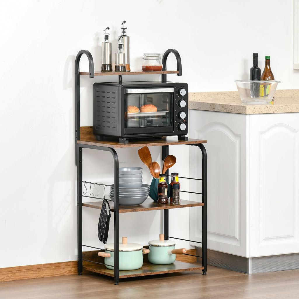 Estante de Cozinha Estante para Microondas com 4 Níveis Ganchos e Pés Ajustáveis Estante de Armazenamento 60x40x125 cm Marrom Rústico — foto 2