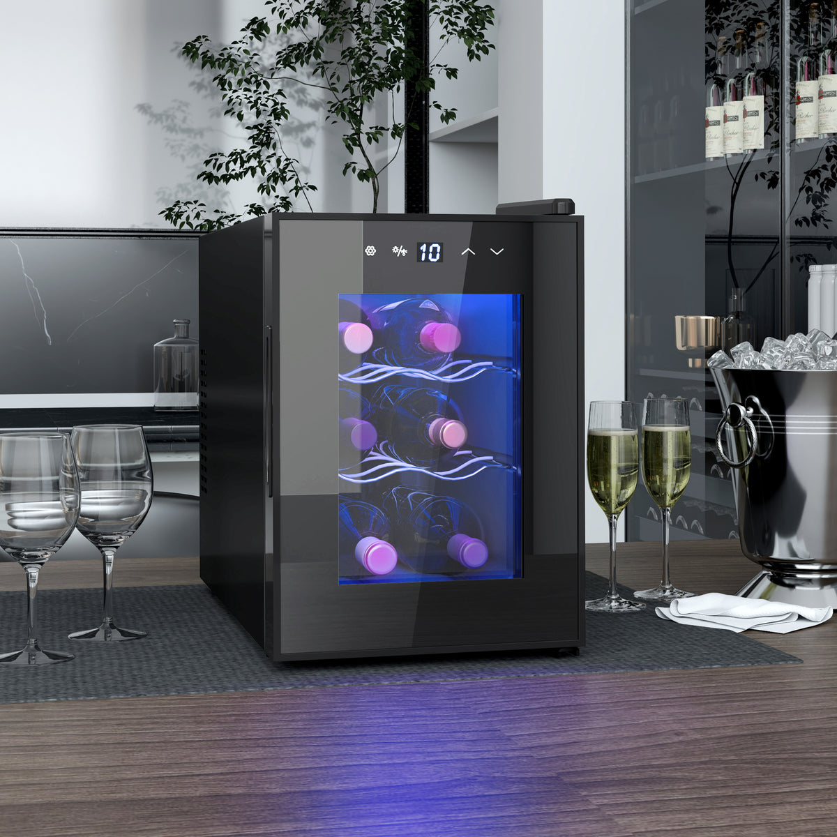 Cave de Vinho para 6 Garrafas com Luz LED Interior Ecrã Tátil Digital Controlo de Temperatura Porta de Vidro Temperado com Proteção UV e 2 Prateleiras Ajustáveis 26,5x51,5x39,3 cm Preto — foto 2