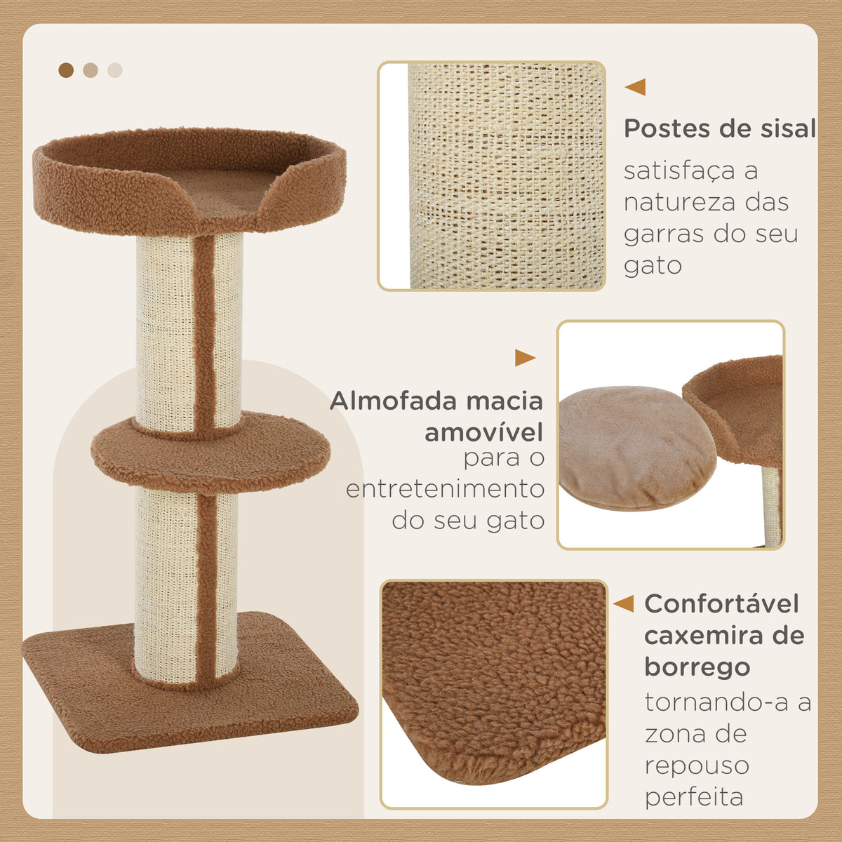 Arranhador para Gatos Altura 91 cm Arranhador para Gatos de 3 Níveis com Ninho Plataforma e Poste de Sisal 45x45x91 cm Marrom Claro — foto 5
