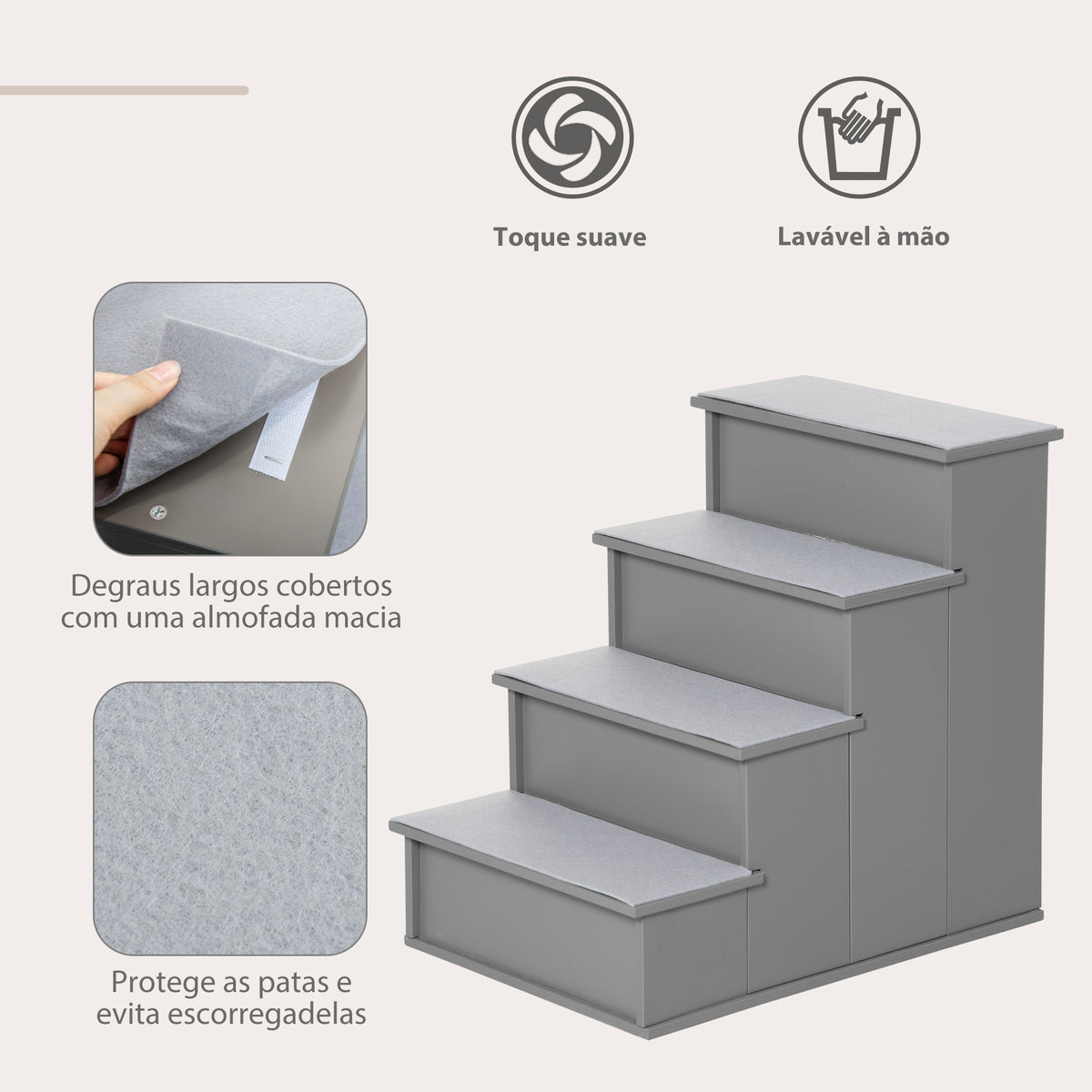 Escada para Animais de Estimação de 4 Degraus Escada para Cães e Gatos com Tapetes Antideslizantes Removíveis Carga 30 kg para Cama Sofá 40x59x54,2 cm Cinza — foto 4