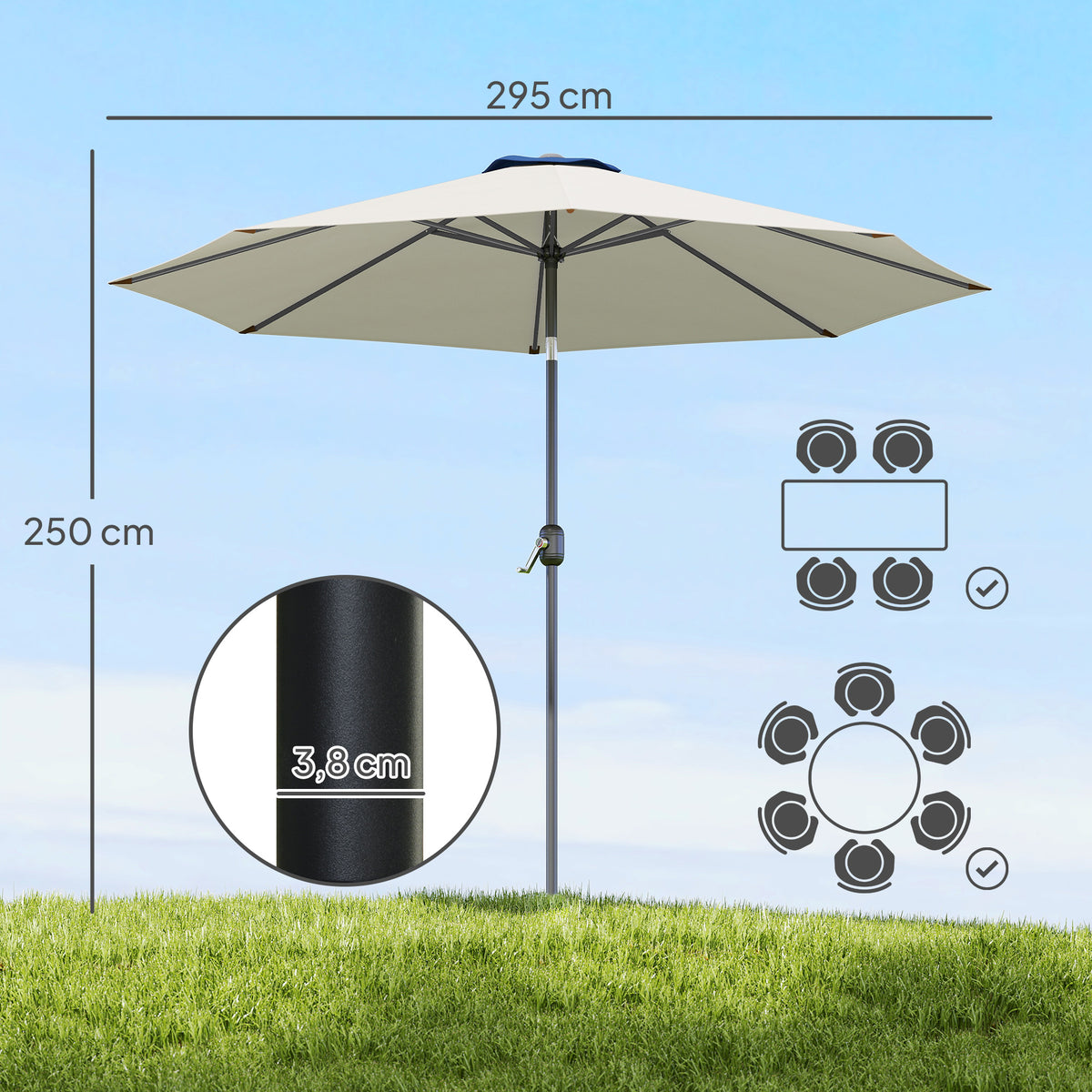 Chapéu de Sol de Jardim Ø295x250 cm com Manivela Chapéu de Sol Exterior com Mecanismo de Inclinação e Mastro Desmontável de Metal para Terraço Piscina Pátio Cinza — foto 3
