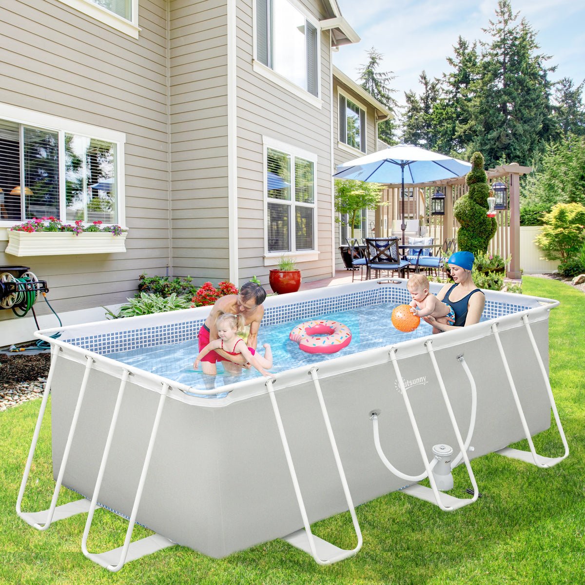 Piscina Desmontável Tubular 440x240x122cm Piscina Retangular de Exterior com Purificador 4.000L/H Mangueiras de Comprimento 100cm e Estrutura de Aço 9760L Cinza — foto 2