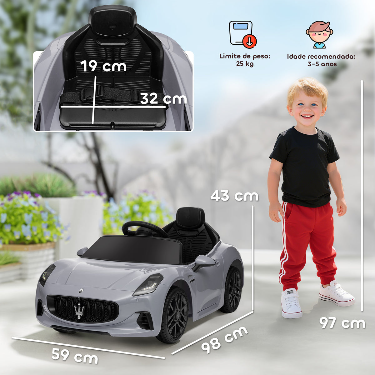Carro Elétrico para Crianças acima de 3 Anos Carro Maserati Gran Turismo Folgore Carro Elétrico com Bateria 12V Controlo Remoto Faróis Buzina e Música MP3 98x59x43 cm Cinza — foto 3