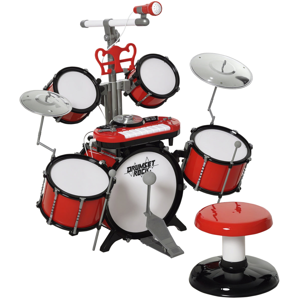 Kit de bateria infantil para crianças acima de 3 anos com tamborete microfone Pratos teclado e vários efeitos de DJ 77,5x40x76,5 cm Vermelho — foto 1