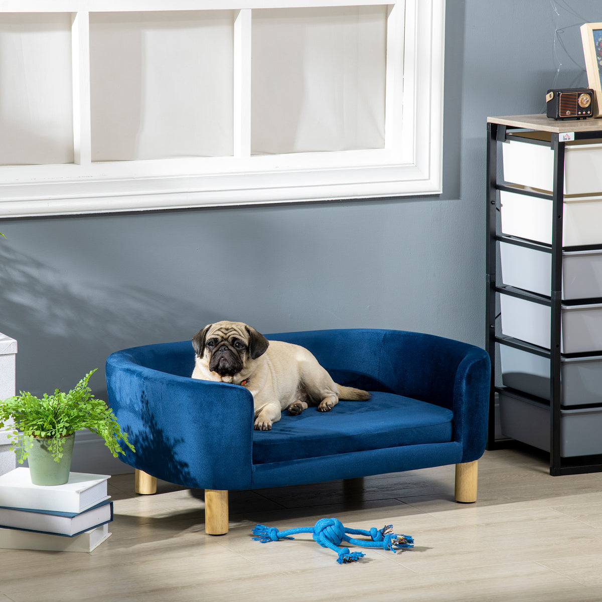 Sofá para Cães Pequenos Cama Elevada para Cães com Pés de Madeira Almofada Removível e Capa Lavável Carga 10 kg 86x55x33 cm Azul — foto 2