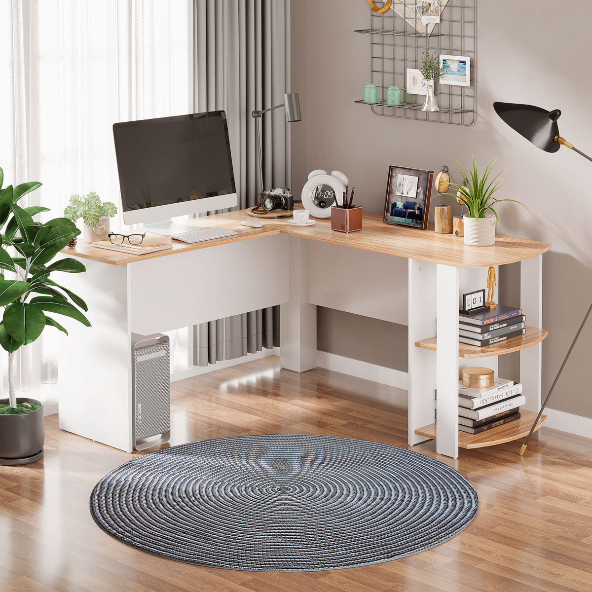 Secretária de Canto Mesa de Computador para Escritório Casa em Forma de L com Prateleiras 136x130x72 cm Branco e Madeira — foto 2