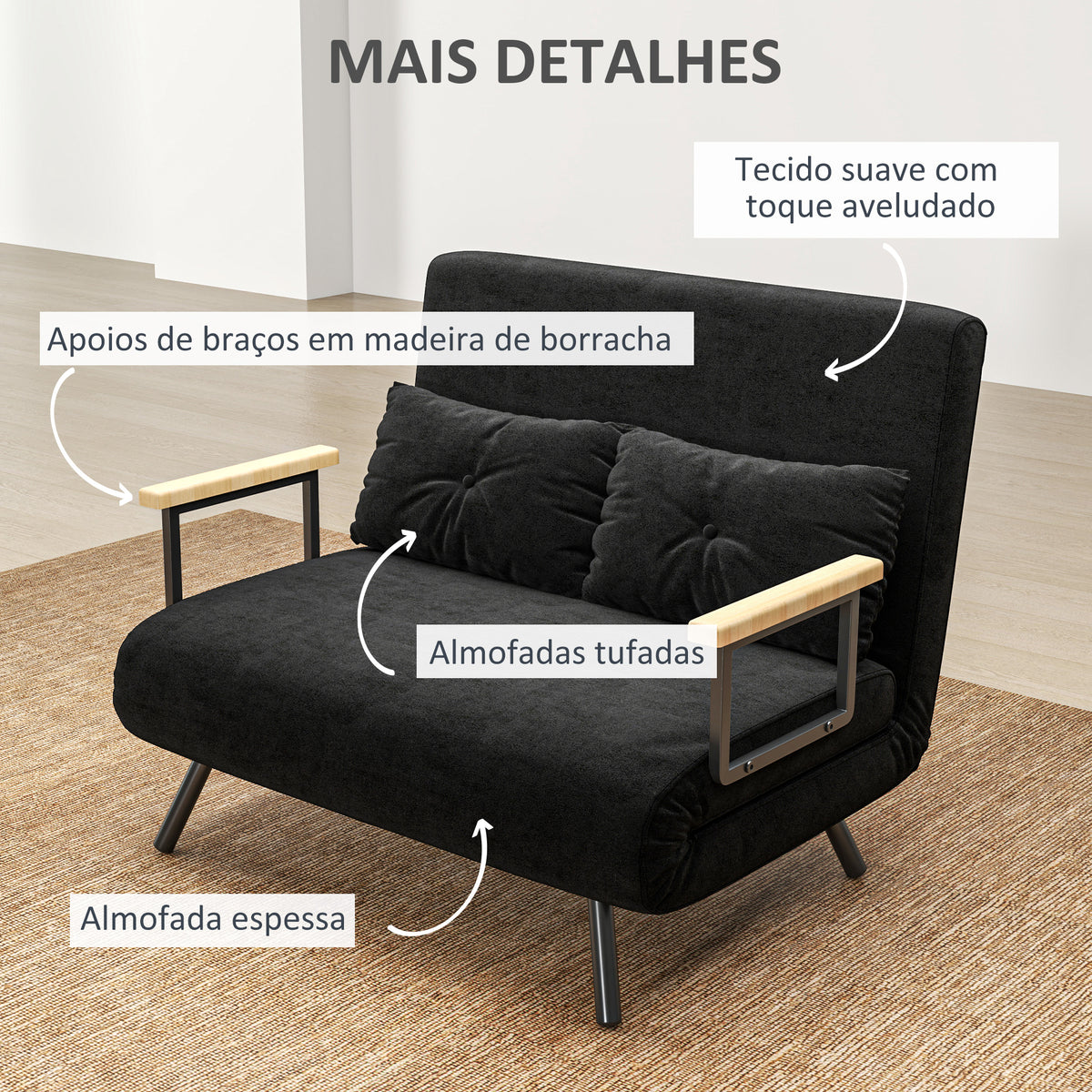 Sofá Cama Sofá Convertível em Cama de 2 Lugares Dobrável com Encosto Ajustável em 5 Níveis e 2 Almofadas Acolchoadas para Escritório Dormitório Sala de Estar 102x73x81 cm Preto — foto 6